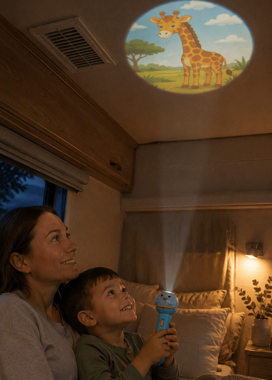 A woman and a young boy sit in bed inside a camper van, looking up at a projected giraffe scene on the ceiling. The boy holds a blue toy flashlight pointing up toward the projection.